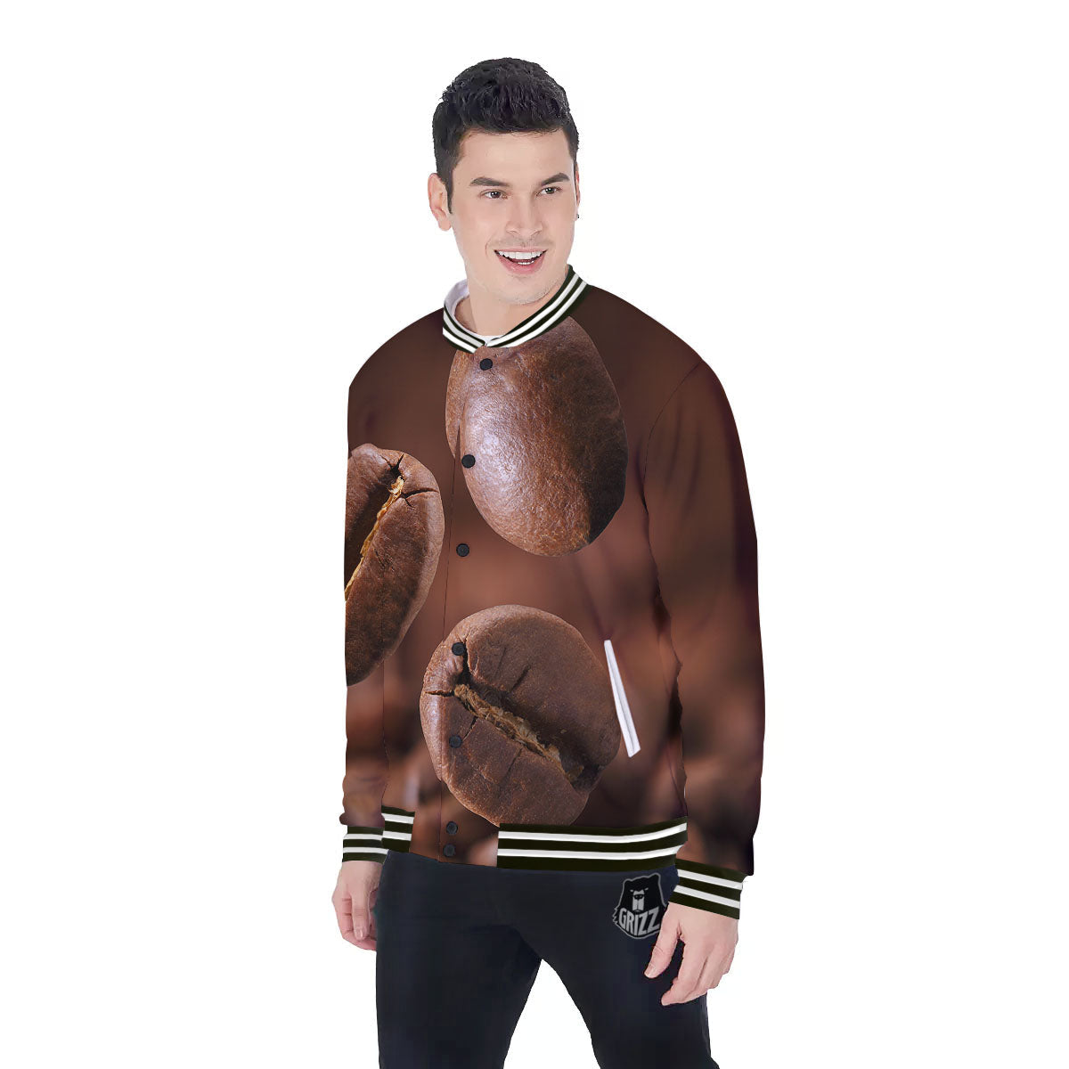 Roasted Coffee Bean Print Baseball Jacket-grizzshop