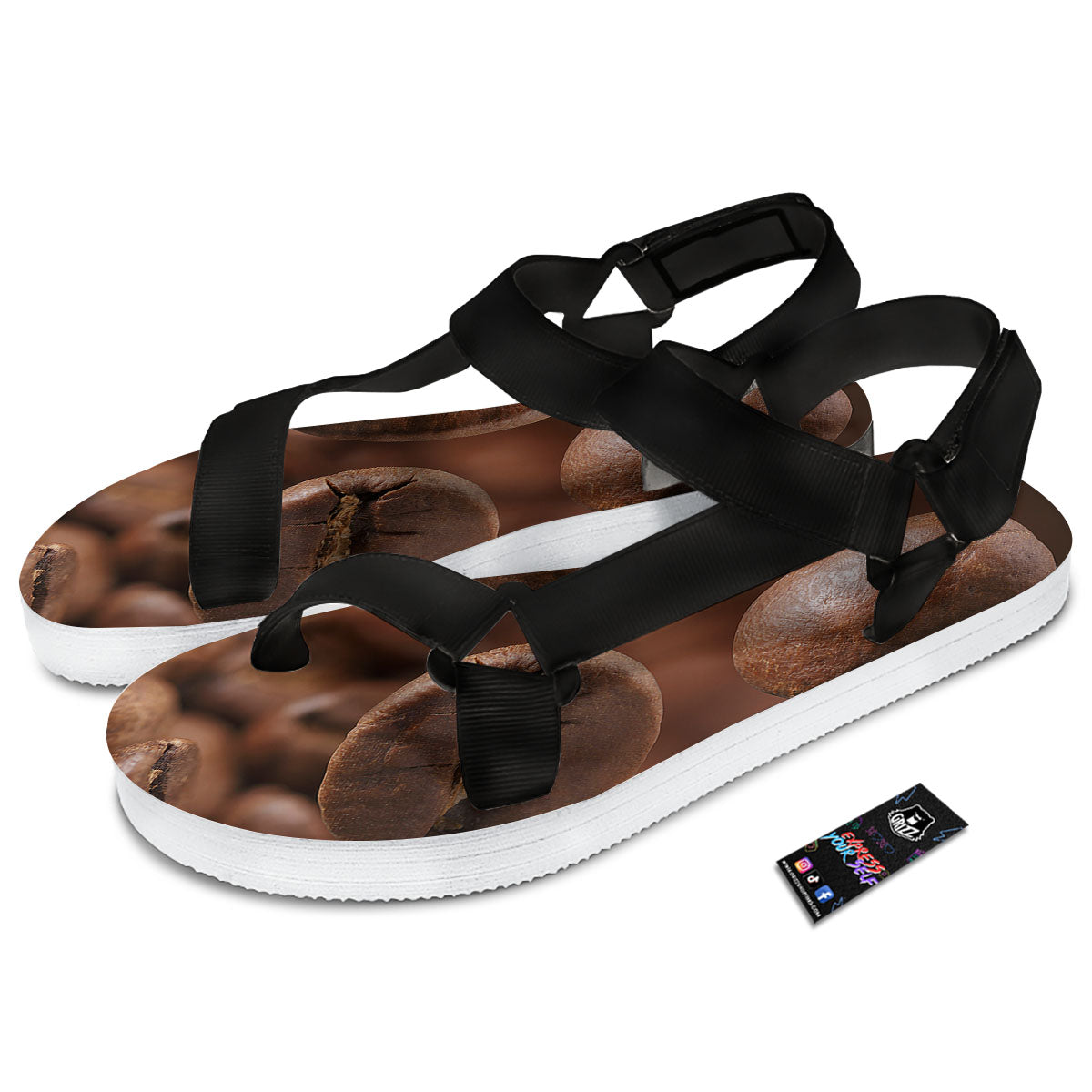 Roasted Coffee Bean Print Black Open Toe Sandals-grizzshop