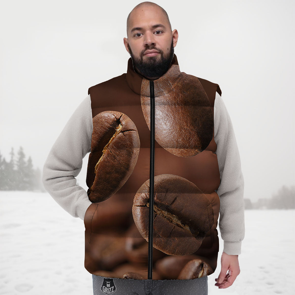 Roasted Coffee Bean Print Down Vest-grizzshop