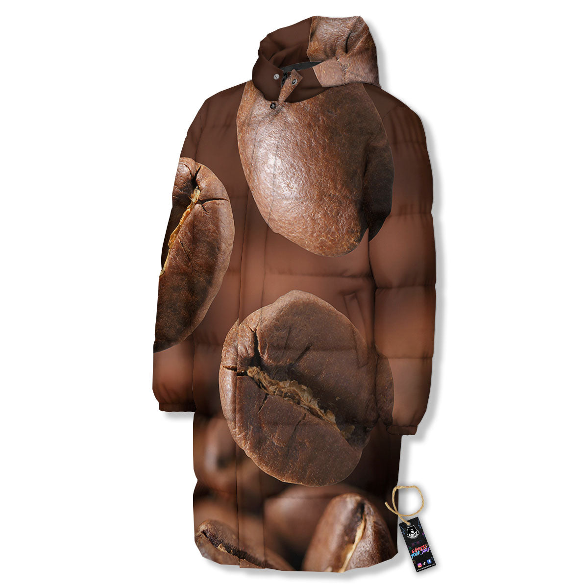 Roasted Coffee Bean Print Long Down Jacket-grizzshop