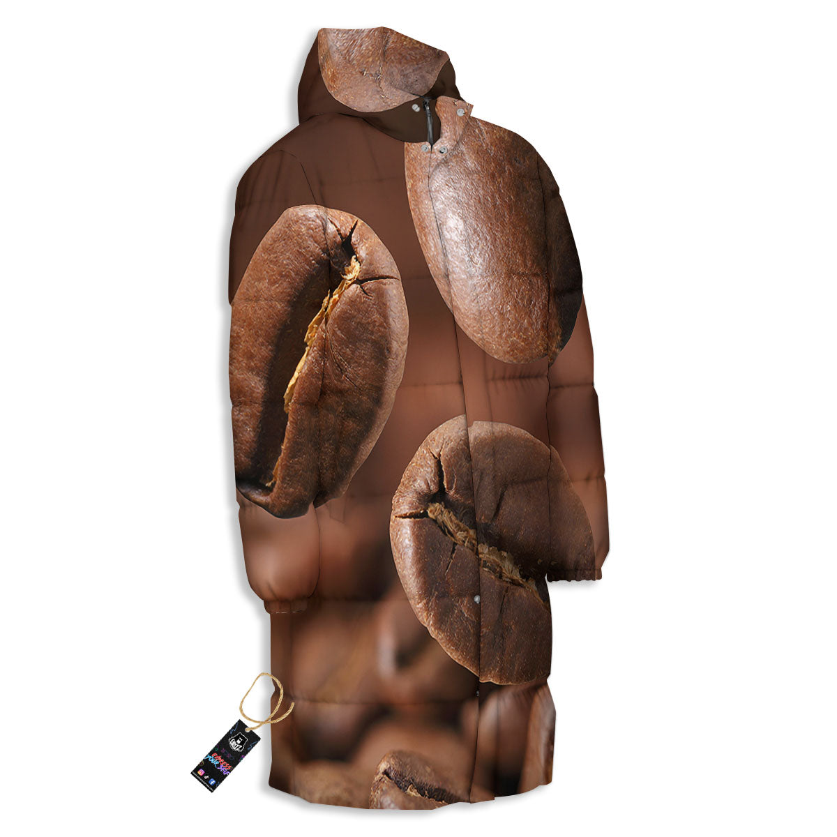 Roasted Coffee Bean Print Long Down Jacket-grizzshop