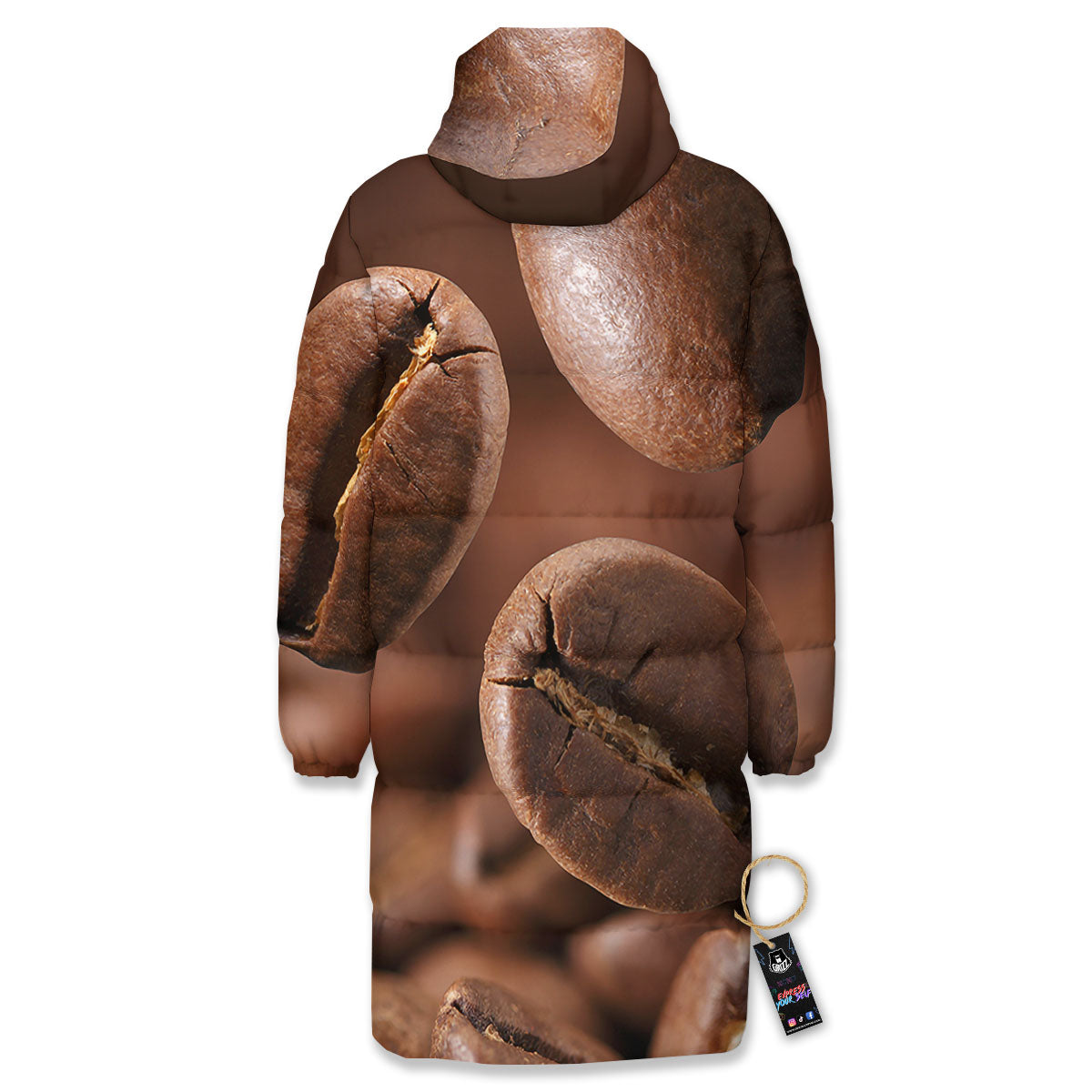 Roasted Coffee Bean Print Long Down Jacket-grizzshop