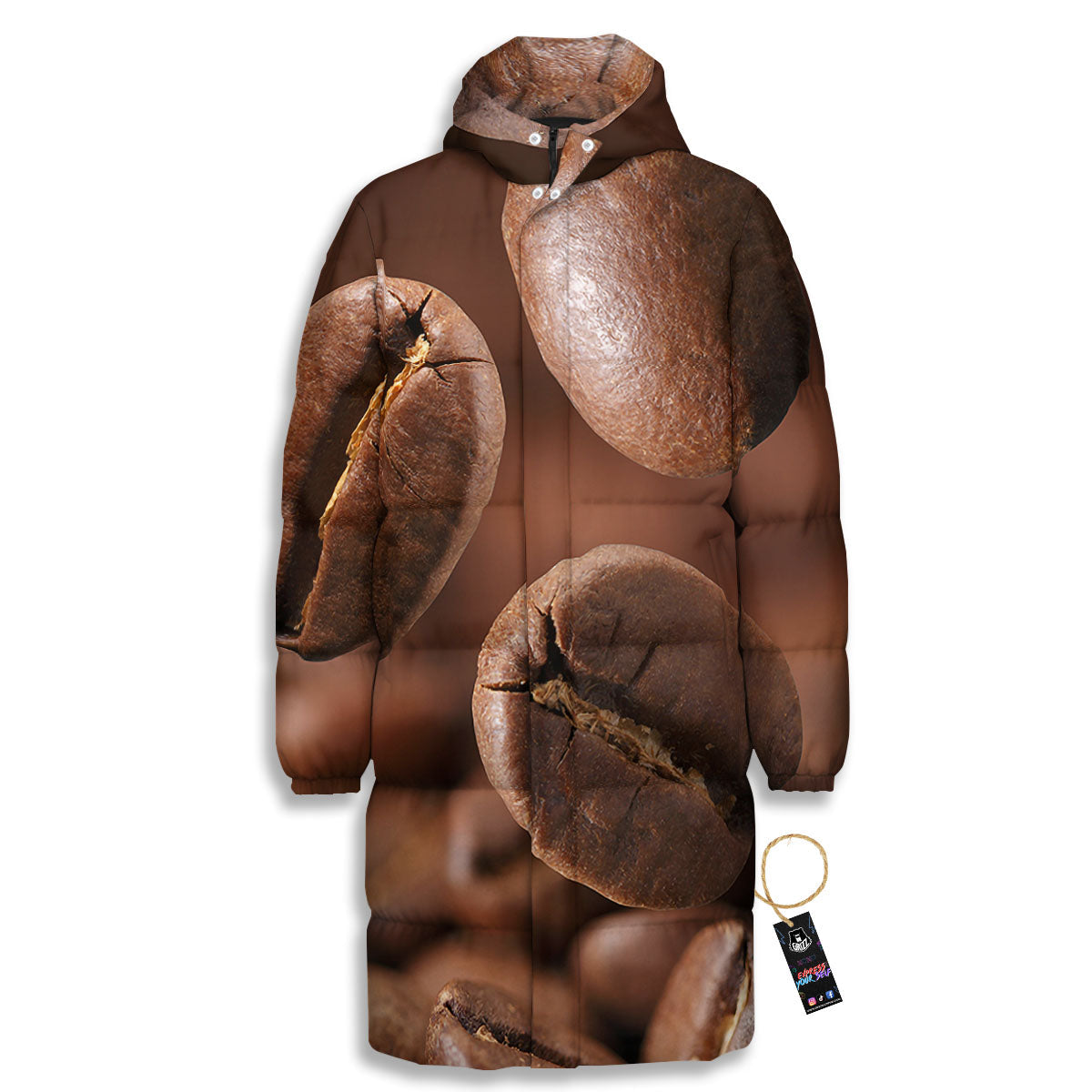 Roasted Coffee Bean Print Long Down Jacket-grizzshop