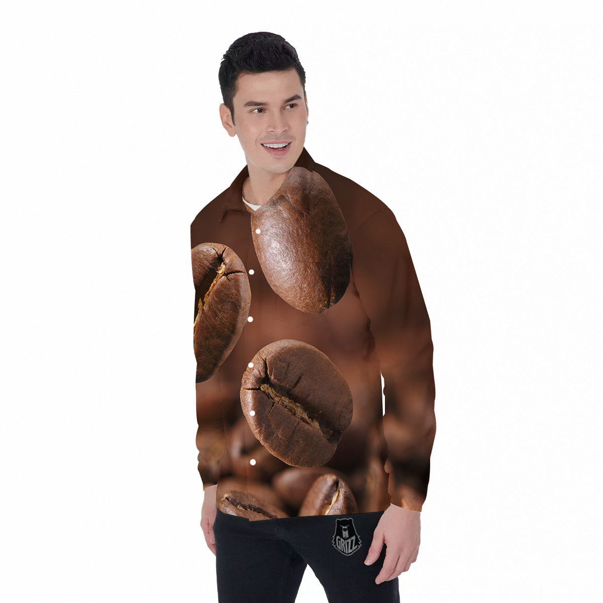 Roasted Coffee Bean Print Men's Long Sleeve Shirts-grizzshop