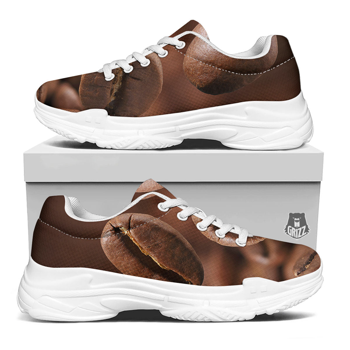 Roasted Coffee Bean Print White Chunky Shoes-grizzshop