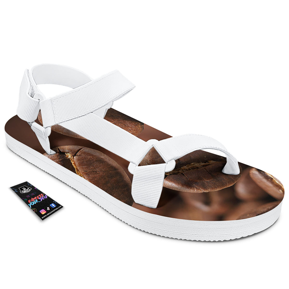 Roasted Coffee Bean Print White Open Toe Sandals-grizzshop