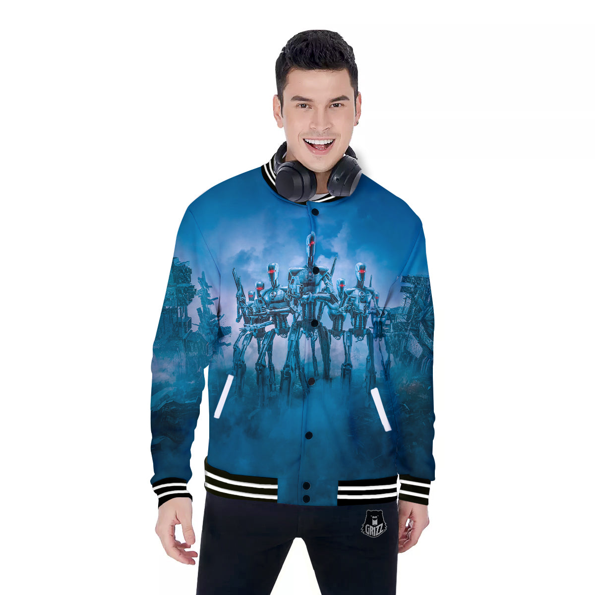Robot Army Print Baseball Jacket-grizzshop