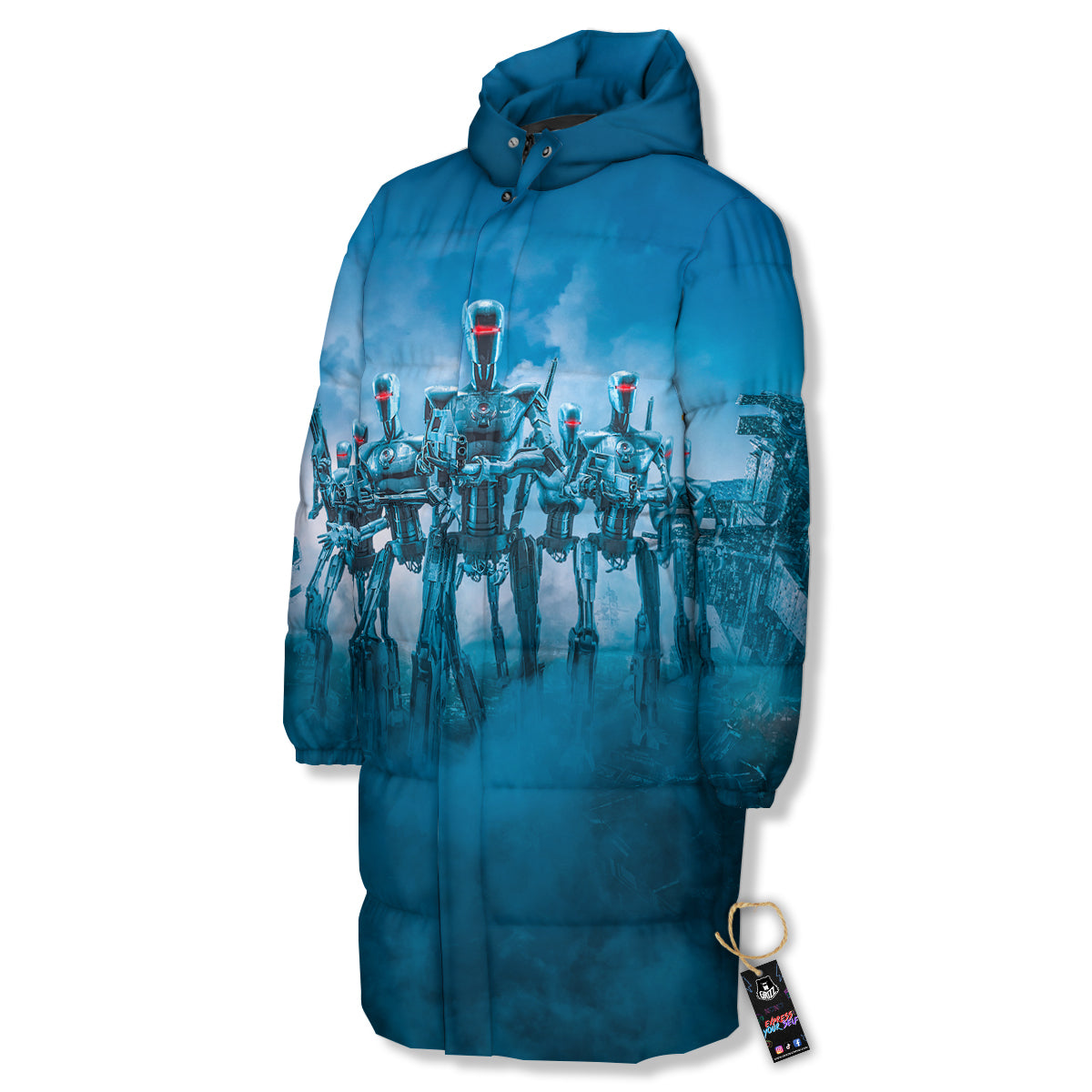 Robot Army Print Long Down Jacket-grizzshop