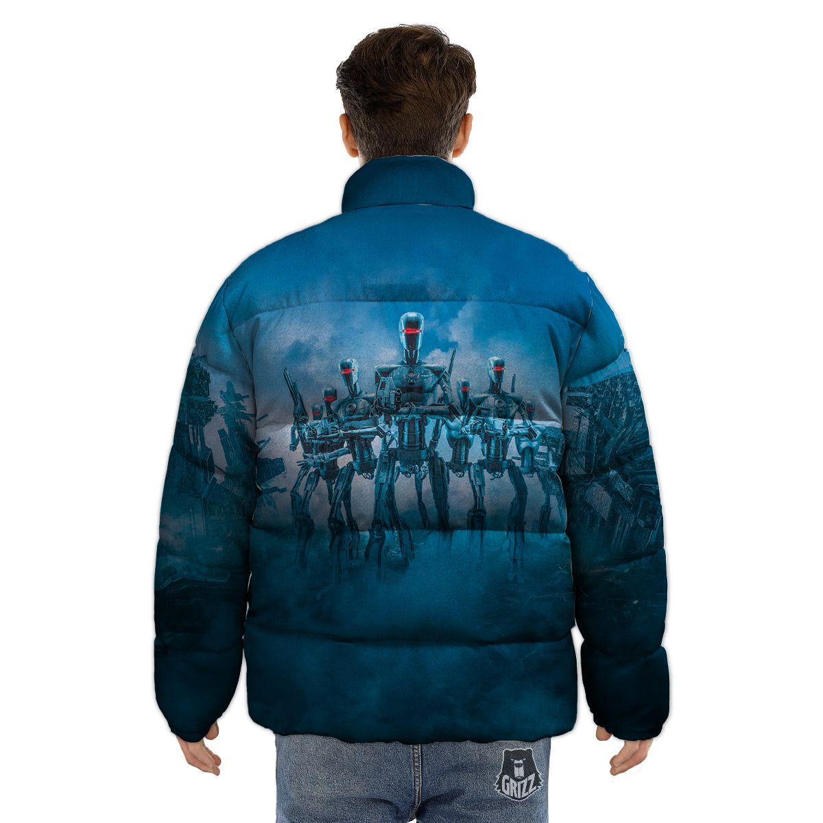 Robot Army Print Puffer Jacket-grizzshop