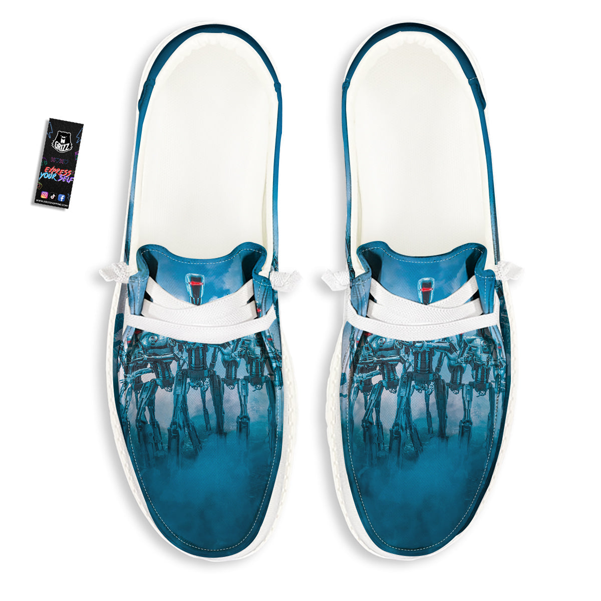 Robot Army Print White Loafers-grizzshop