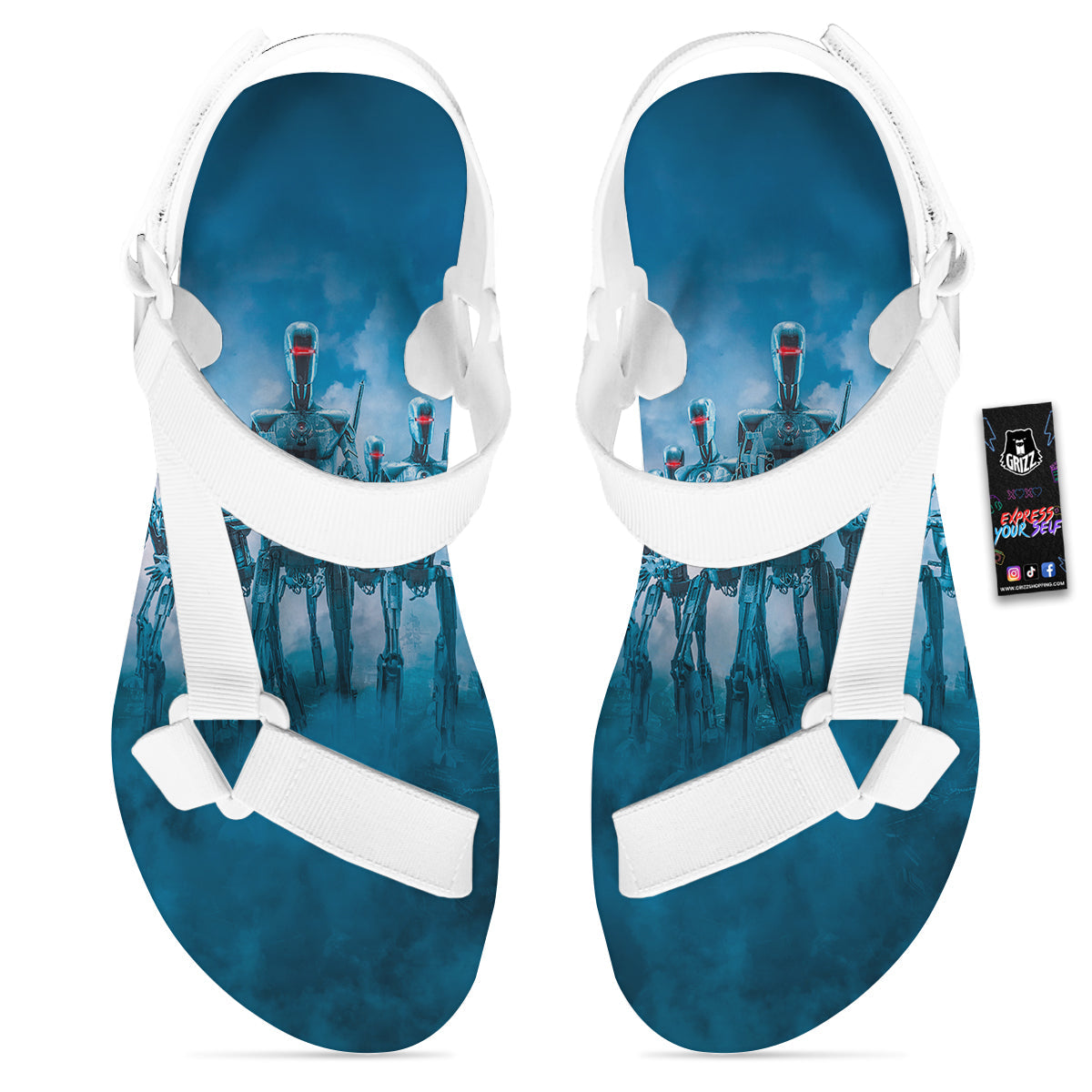 Robot Army Print White Open Toe Sandals-grizzshop