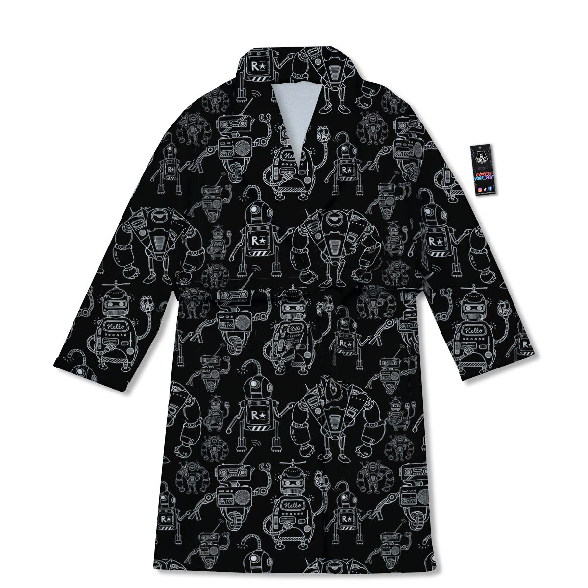 Robot Black And White Print Pattern Bathrobe-grizzshop