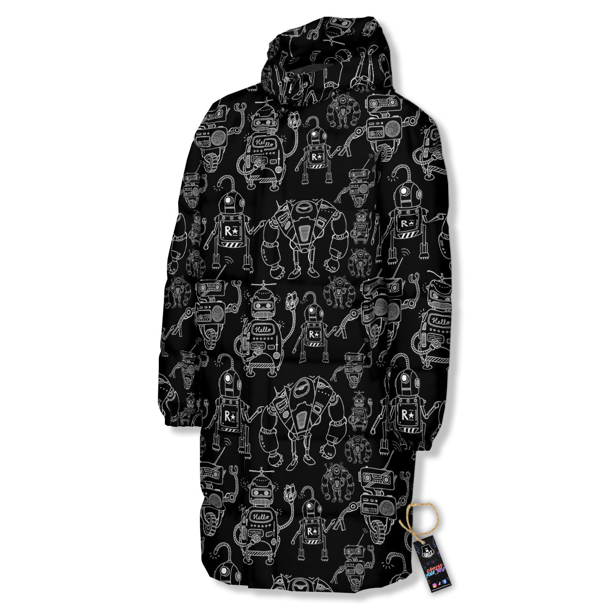 Robot Black And White Print Pattern Long Down Jacket-grizzshop