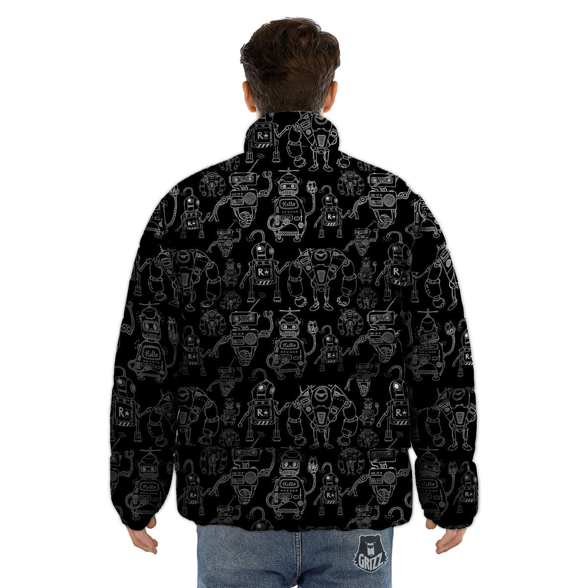 Robot Black And White Print Pattern Puffer Jacket-grizzshop