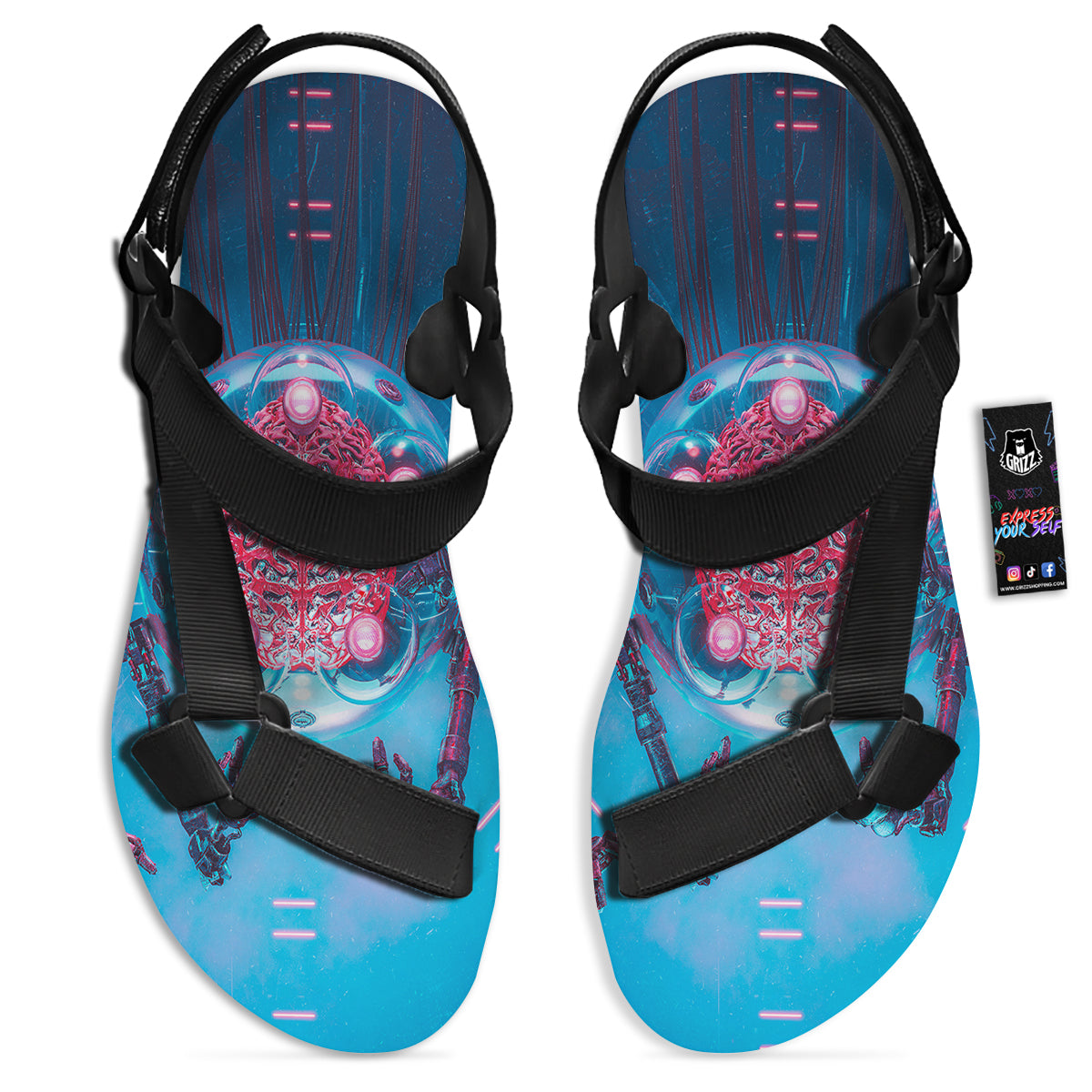 Robot Brain Machine Print Black Open Toe Sandals-grizzshop