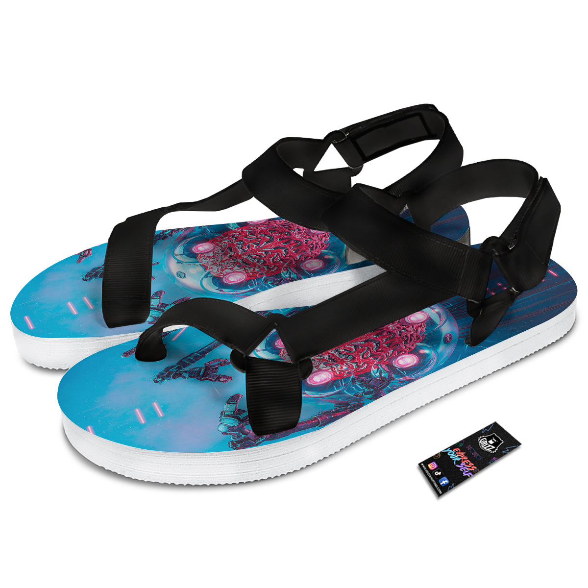 Robot Brain Machine Print Black Open Toe Sandals-grizzshop