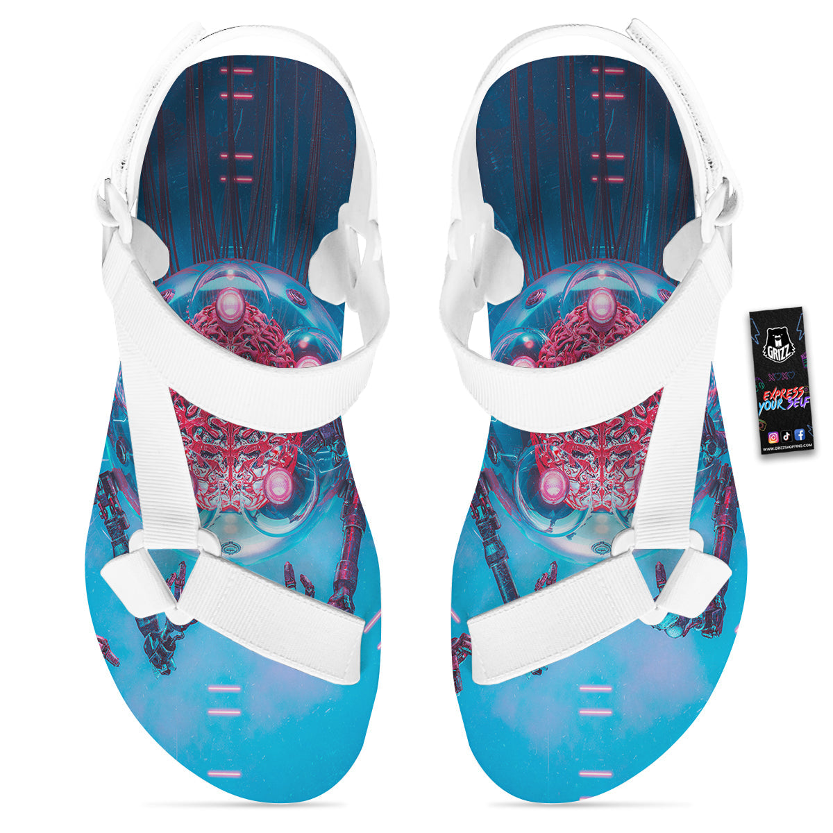 Robot Brain Machine Print White Open Toe Sandals-grizzshop