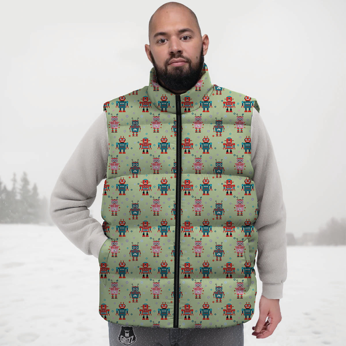 Robot Colorful Print Pattern Down Vest-grizzshop