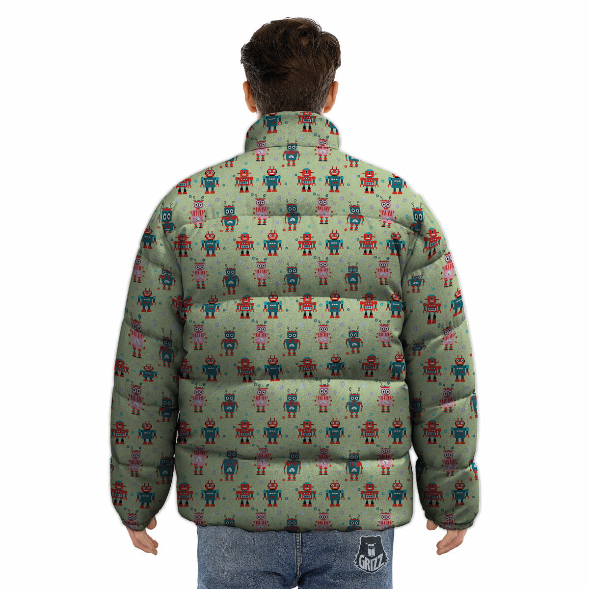Robot Colorful Print Pattern Puffer Jacket-grizzshop