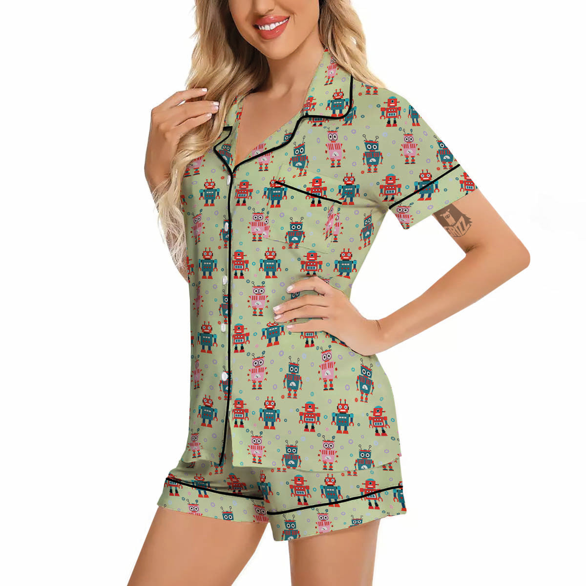Robot Colorful Print Pattern Women Silk Pajamas-grizzshop