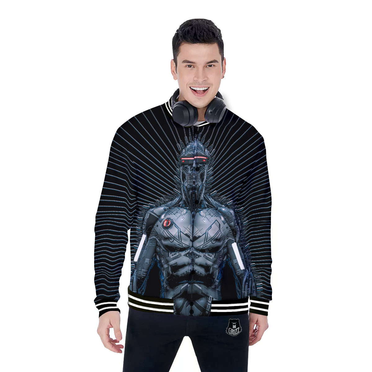Robot Connection Print Baseball Jacket-grizzshop