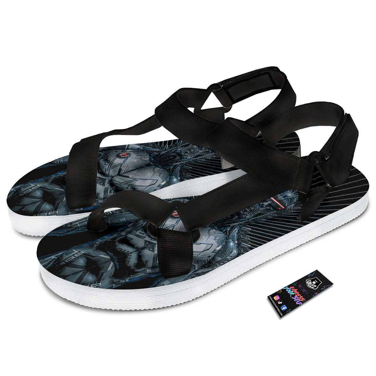 Robot Connection Print Black Open Toe Sandals-grizzshop