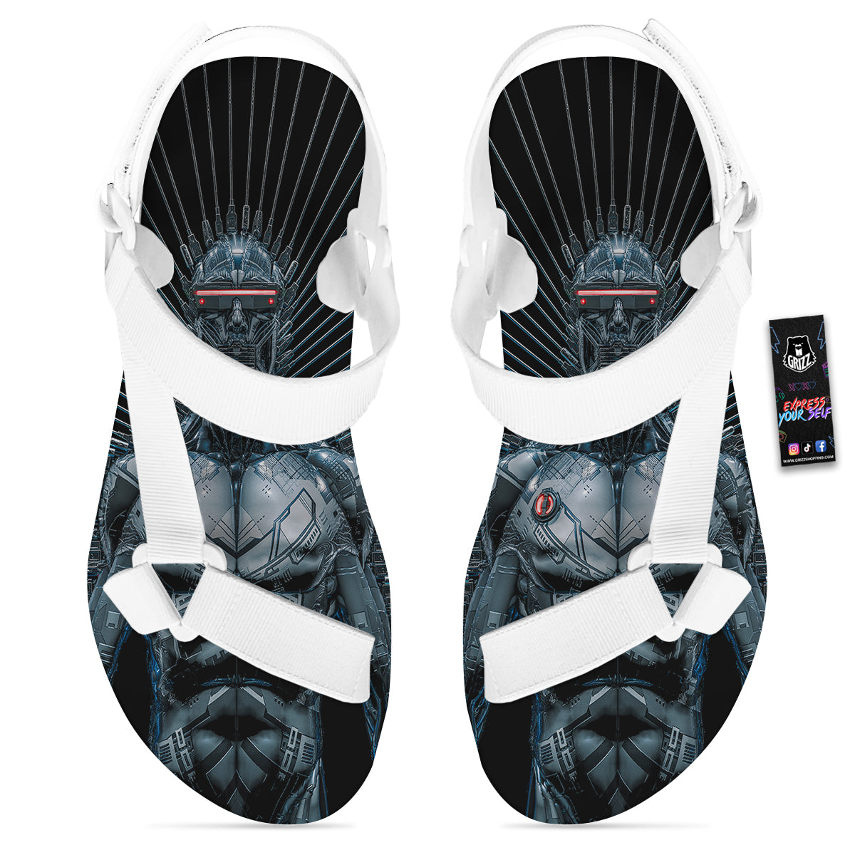 Robot Connection Print White Open Toe Sandals-grizzshop