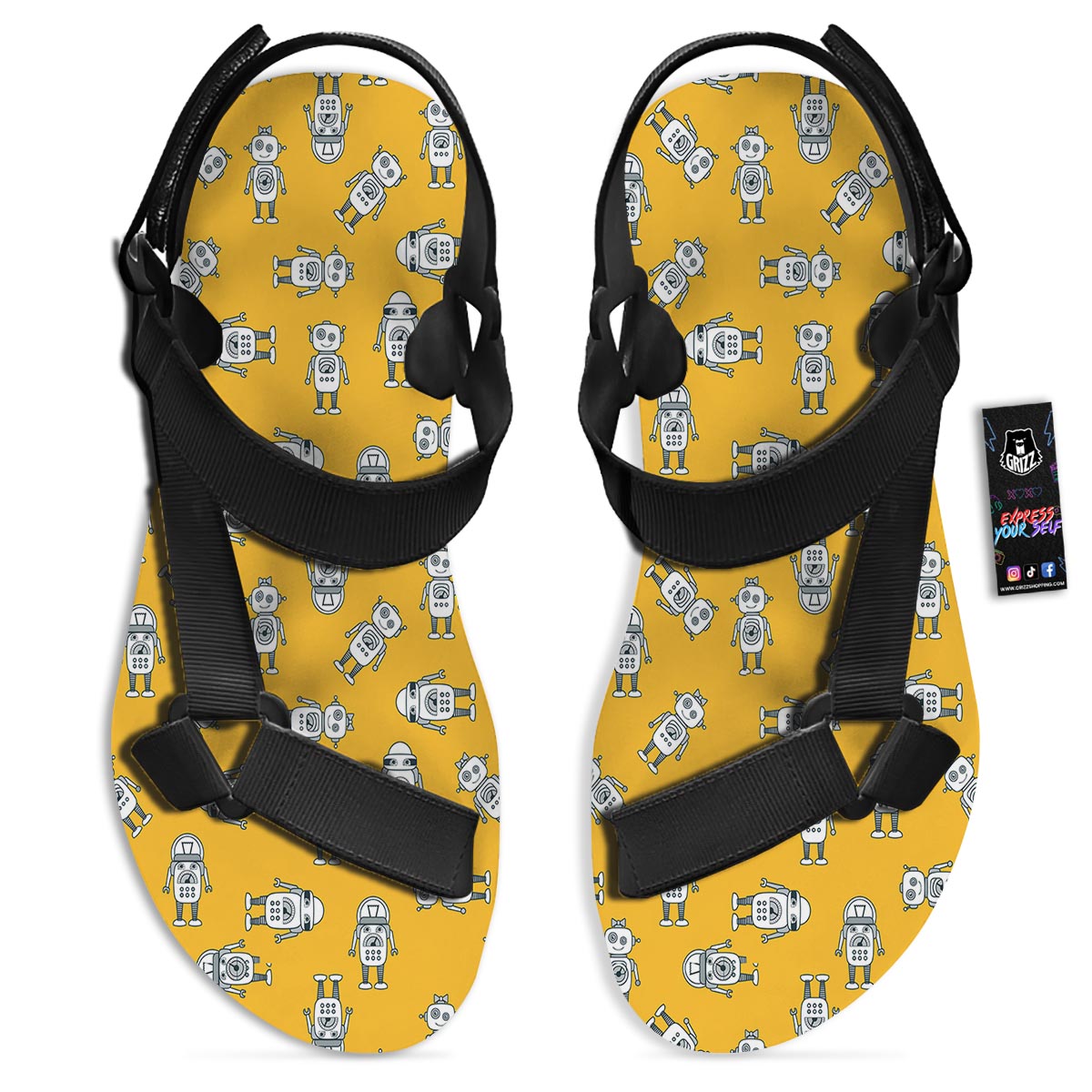 Robot Servant Print Pattern Black Open Toe Sandals-grizzshop