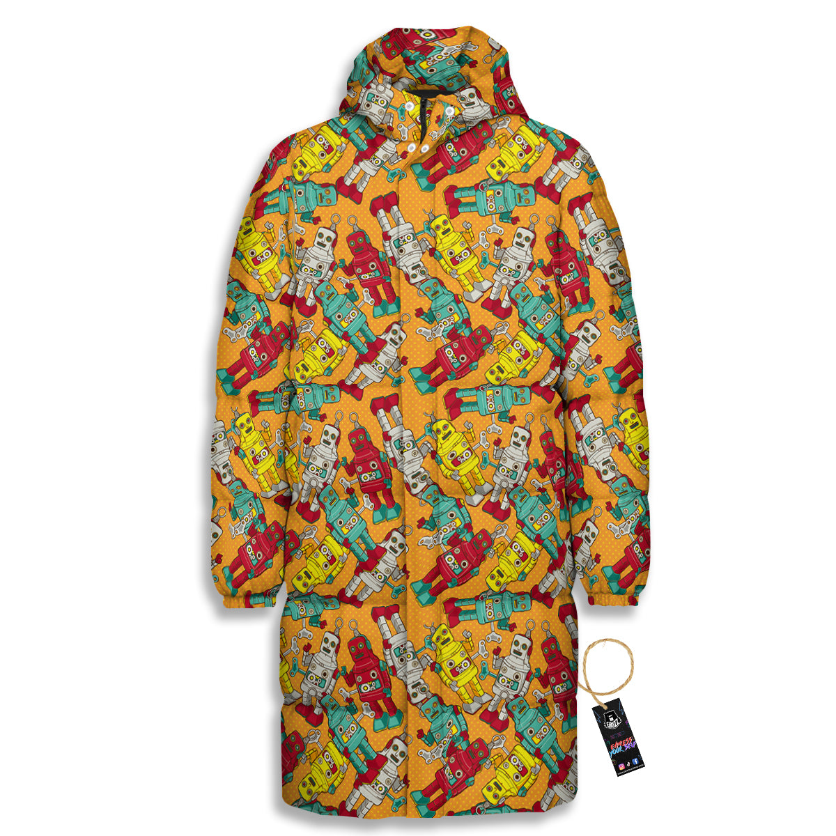 Robot Toy Vintage Print Pattern Long Down Jacket-grizzshop