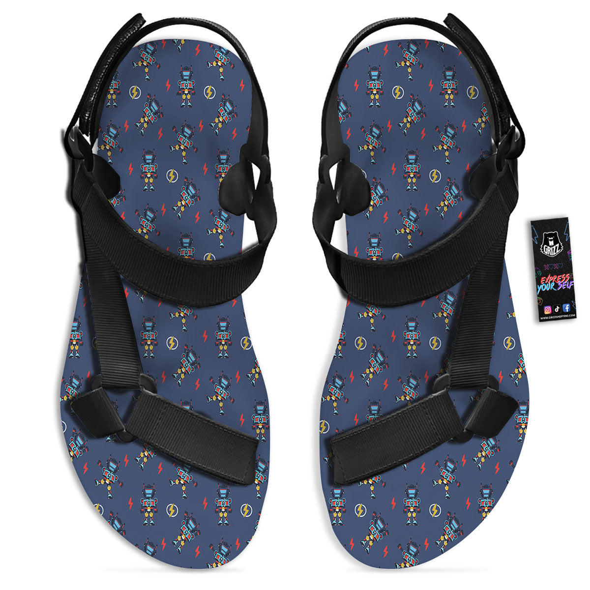 Robot Vintage Print Pattern Black Open Toe Sandals-grizzshop