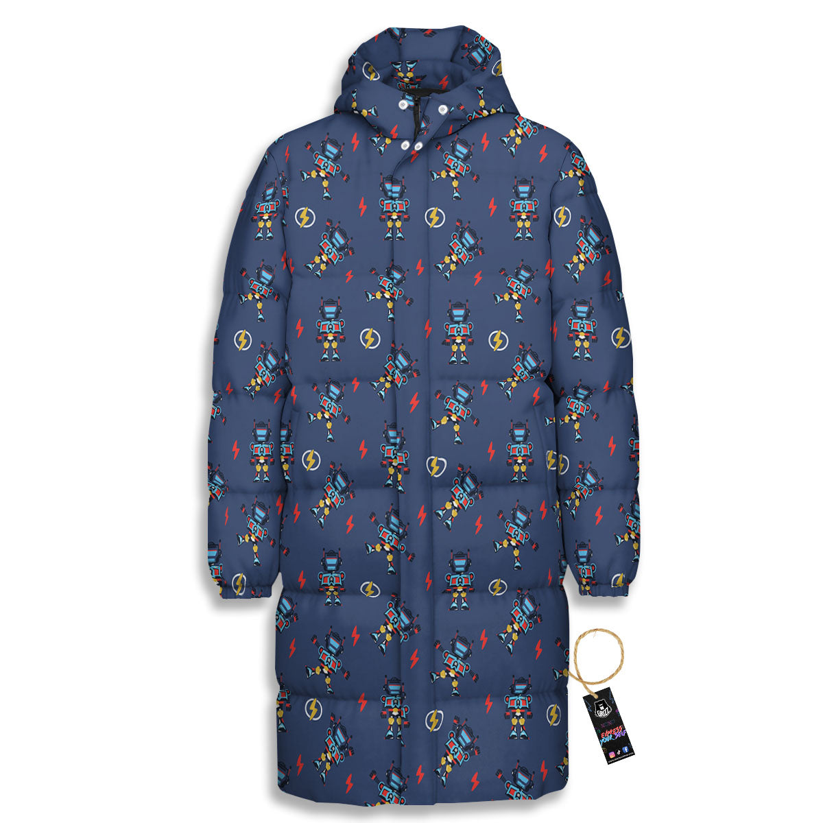 Robot Vintage Print Pattern Long Down Jacket-grizzshop