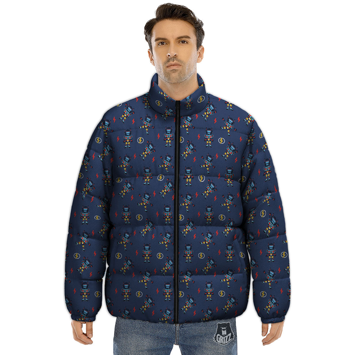 Robot Vintage Print Pattern Puffer Jacket-grizzshop