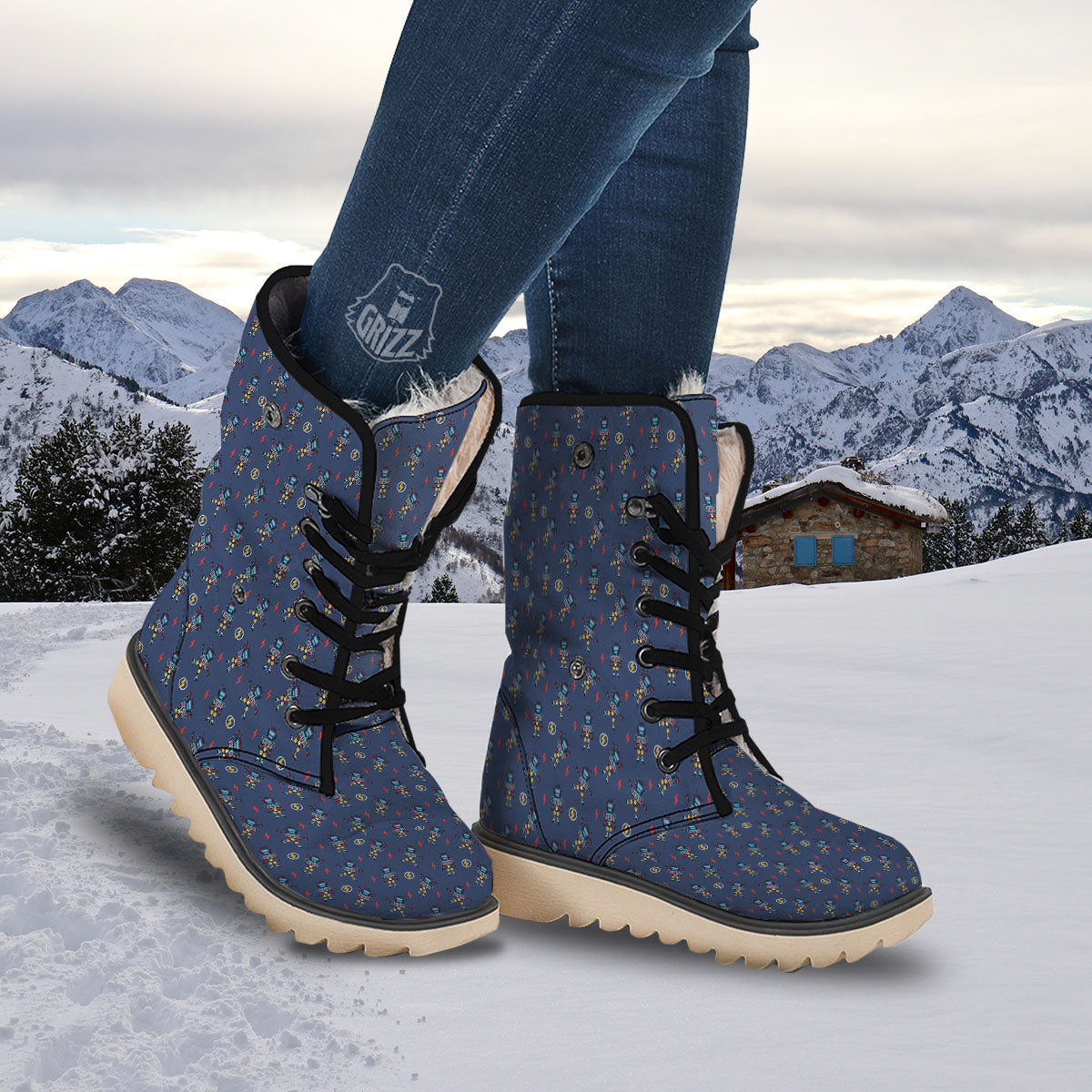 Robot Vintage Print Pattern Snow Boots-grizzshop