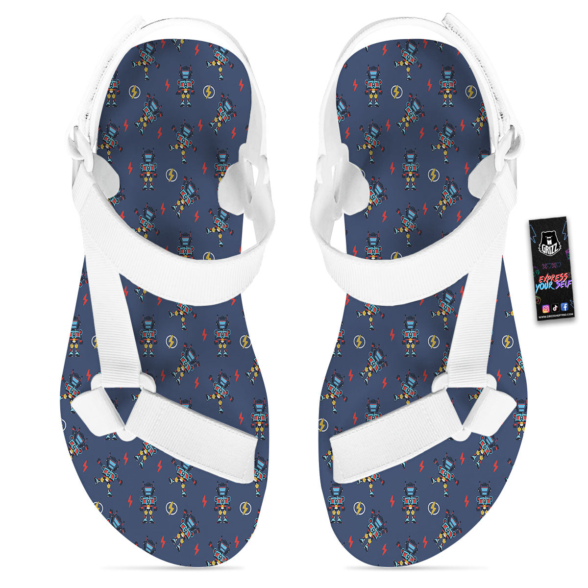 Robot Vintage Print Pattern White Open Toe Sandals-grizzshop