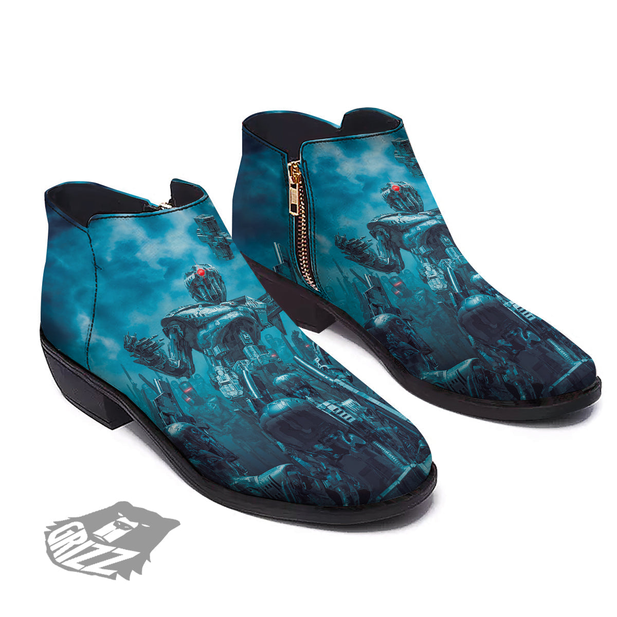 Robot War Print Ankle Boots-grizzshop