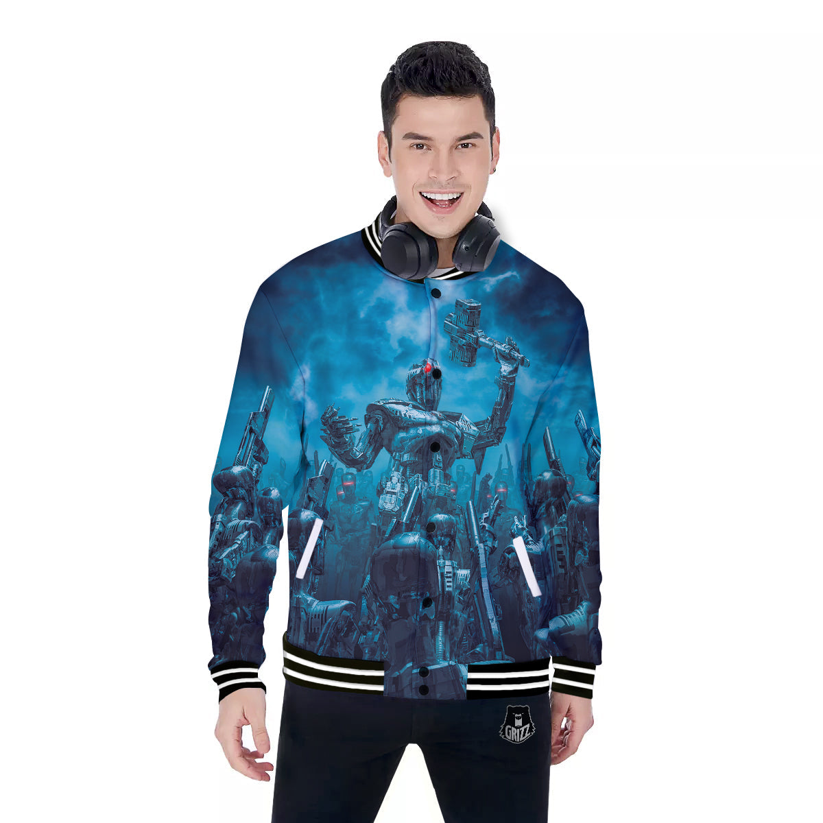 Robot War Print Baseball Jacket-grizzshop