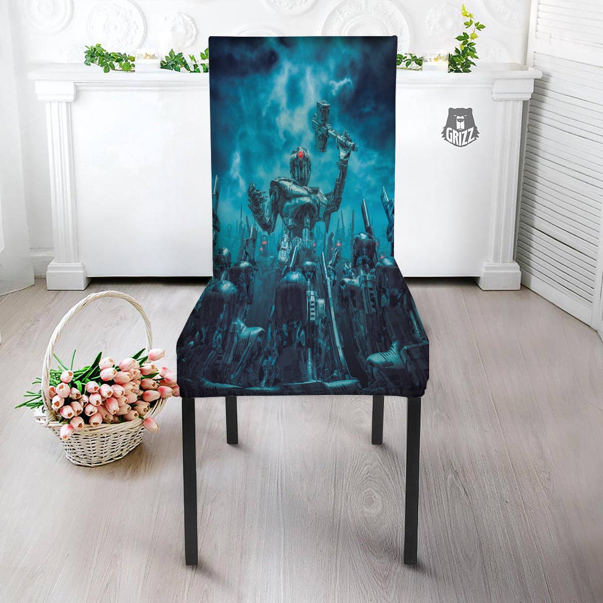Robot War Print Dining Chair Slipcover-grizzshop