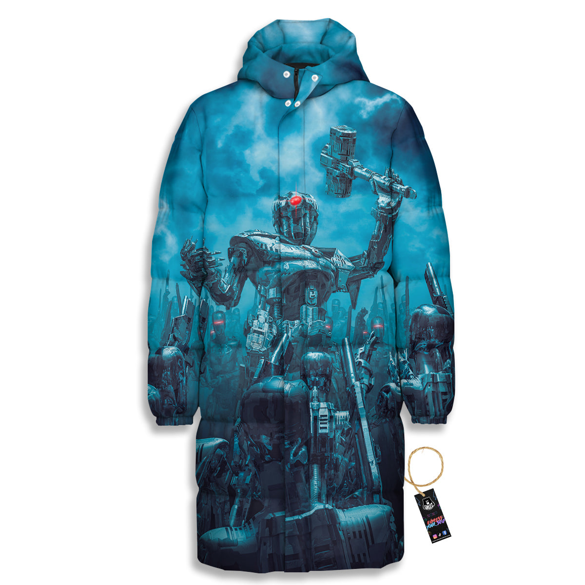 Robot War Print Long Down Jacket-grizzshop