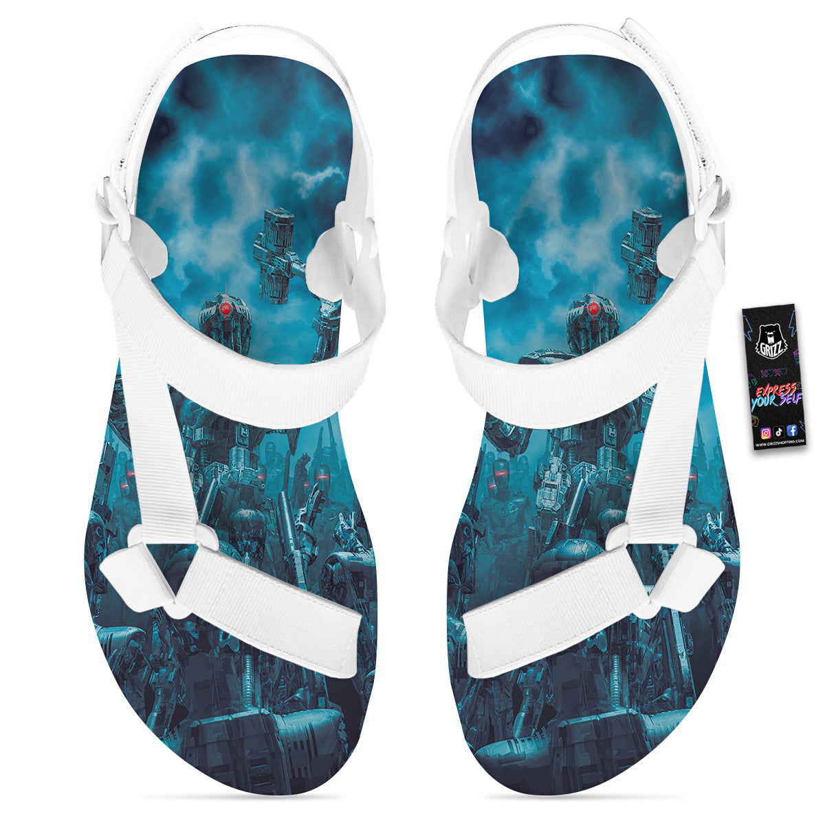 Robot War Print White Open Toe Sandals-grizzshop