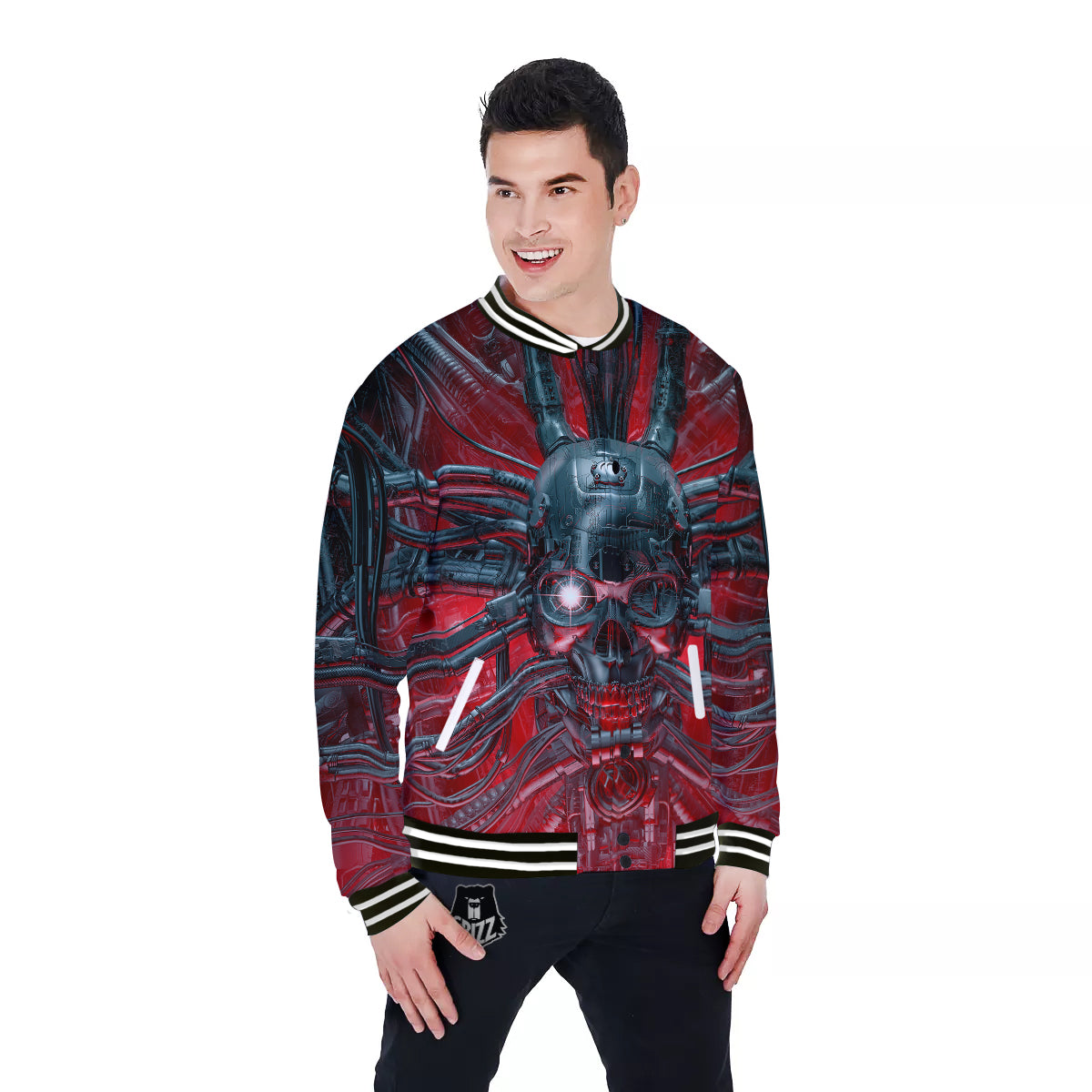 Robotic Skull Print Baseball Jacket-grizzshop