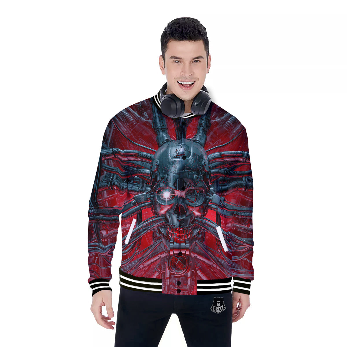 Robotic Skull Print Baseball Jacket-grizzshop