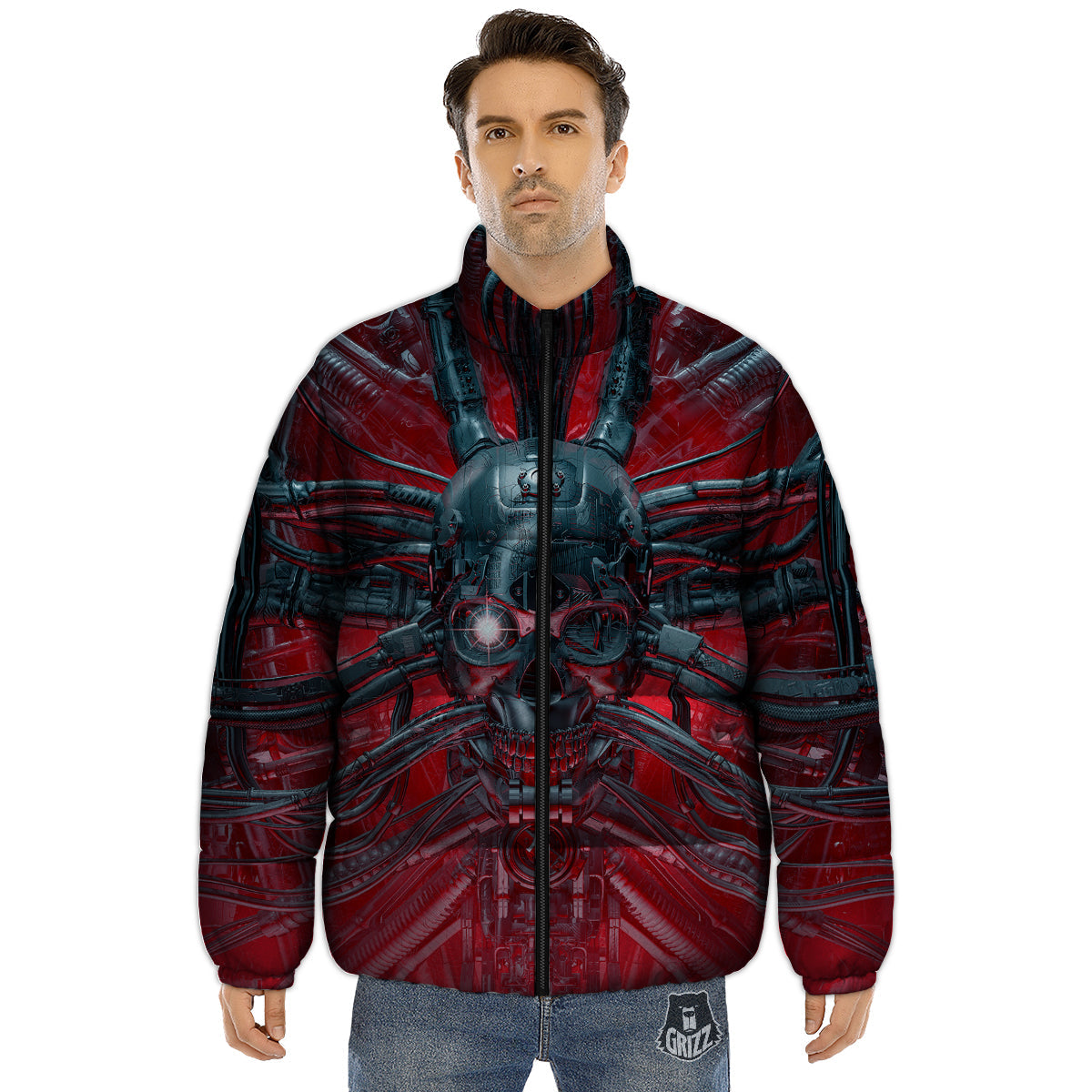 Robotic Skull Print Puffer Jacket-grizzshop