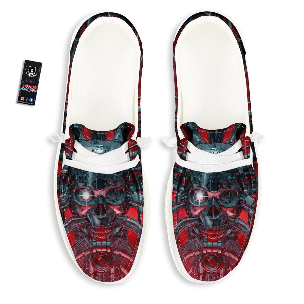 Robotic Skull Print White Loafers-grizzshop
