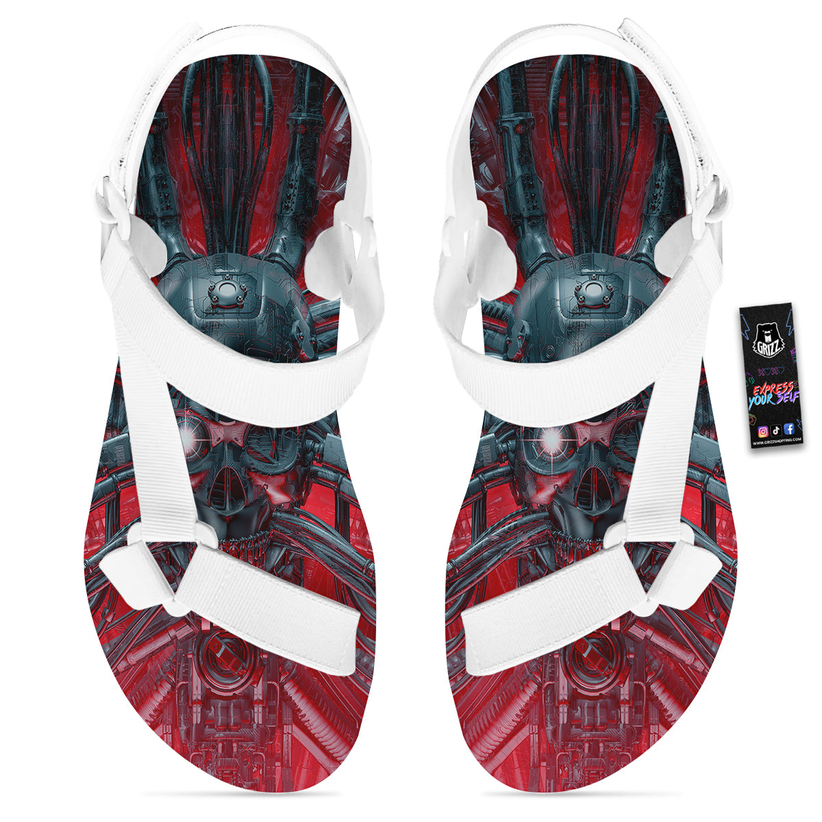 Robotic Skull Print White Open Toe Sandals-grizzshop