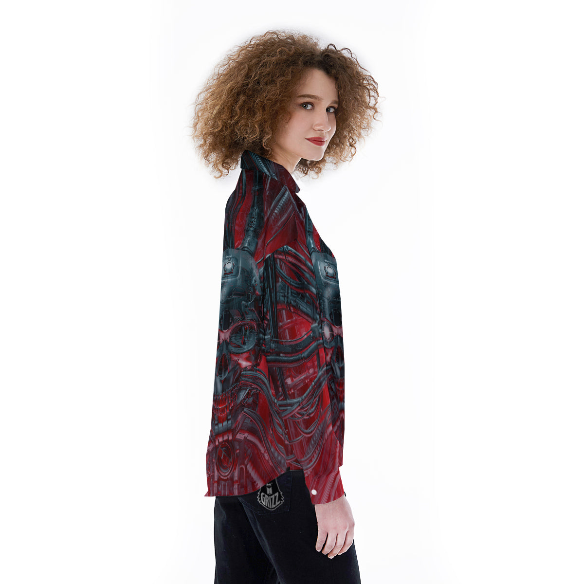 Robotic Skull Print Women's Long Sleeve Shirts-grizzshop