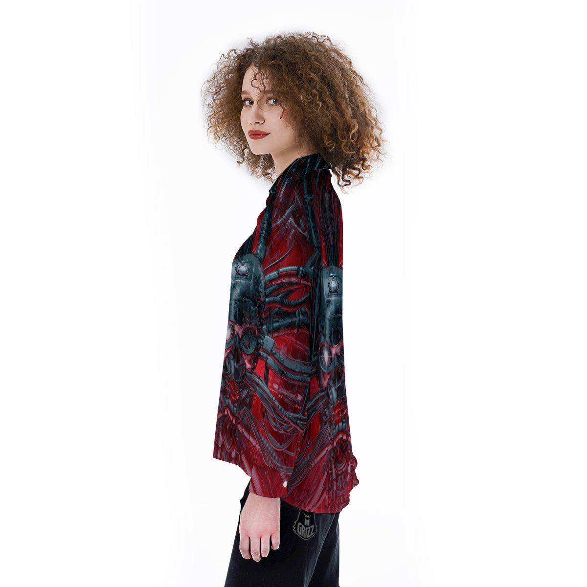 Robotic Skull Print Women's Long Sleeve Shirts-grizzshop