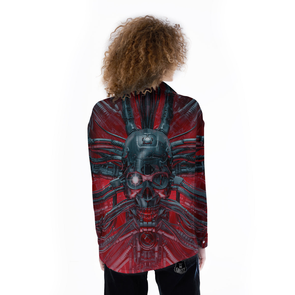 Robotic Skull Print Women's Long Sleeve Shirts-grizzshop