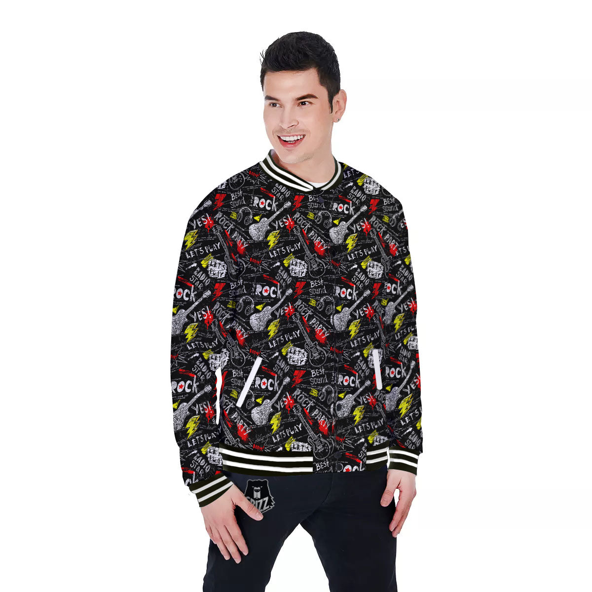 Rock And Roll Grunge Print Pattern Baseball Jacket-grizzshop