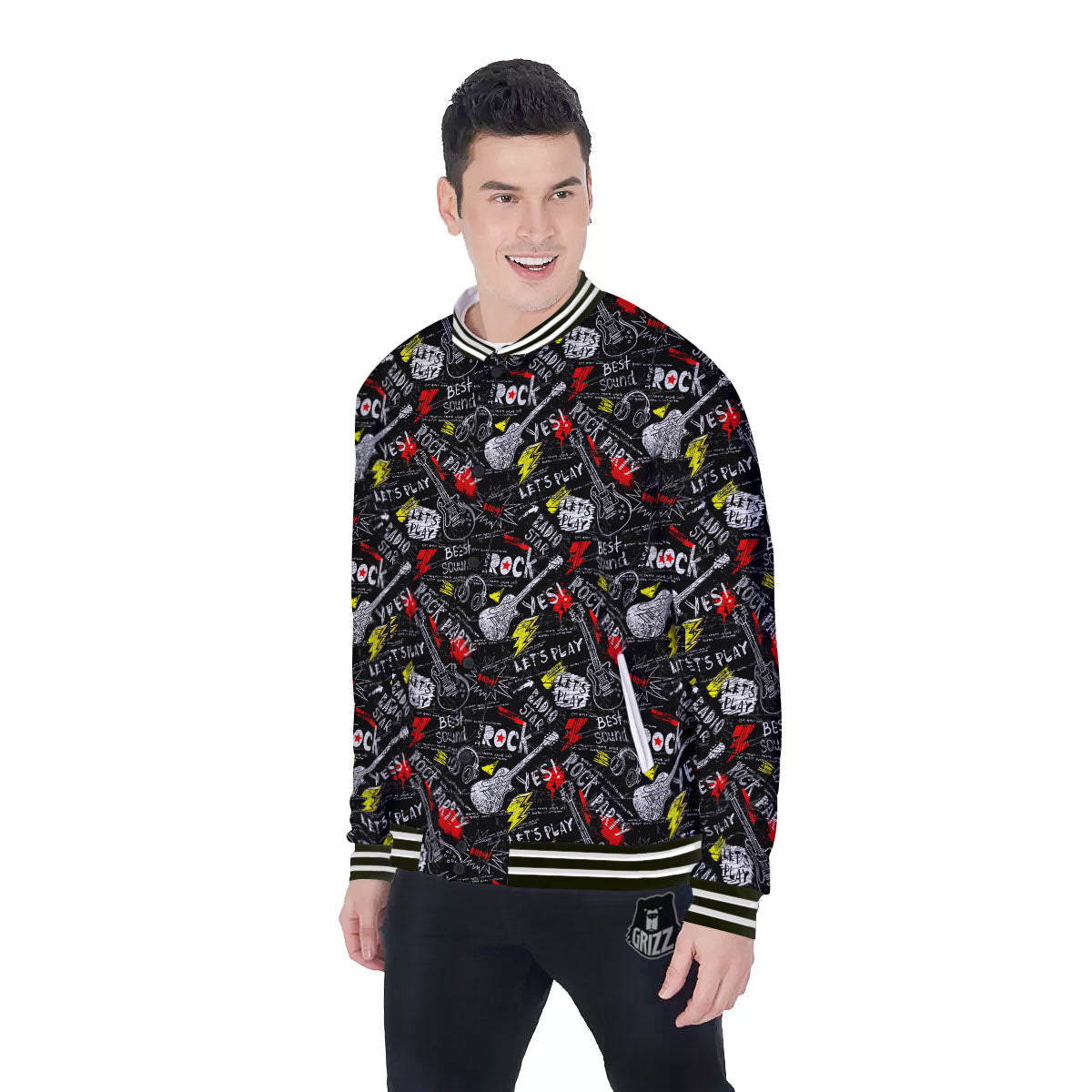 Rock And Roll Grunge Print Pattern Baseball Jacket-grizzshop