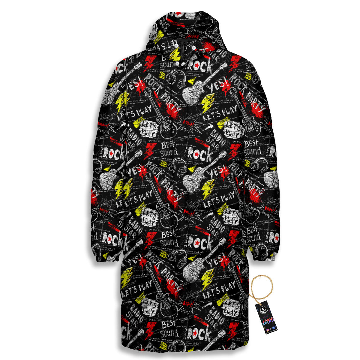 Rock And Roll Grunge Print Pattern Long Down Jacket-grizzshop